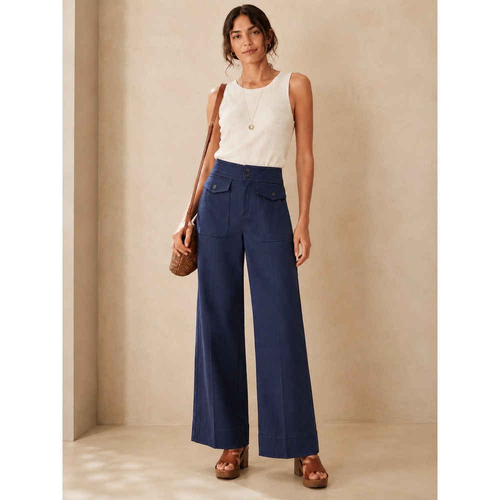 J.Crew Officer Patch-Pocket Wide-Leg Pant in Stretch Twill Sz 10 Petite Blue